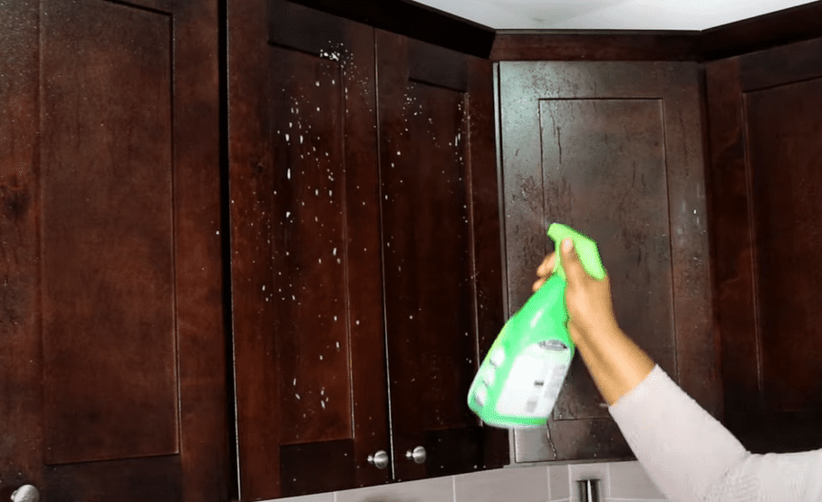 Spray and wet the entire kitchen cabinet lightly